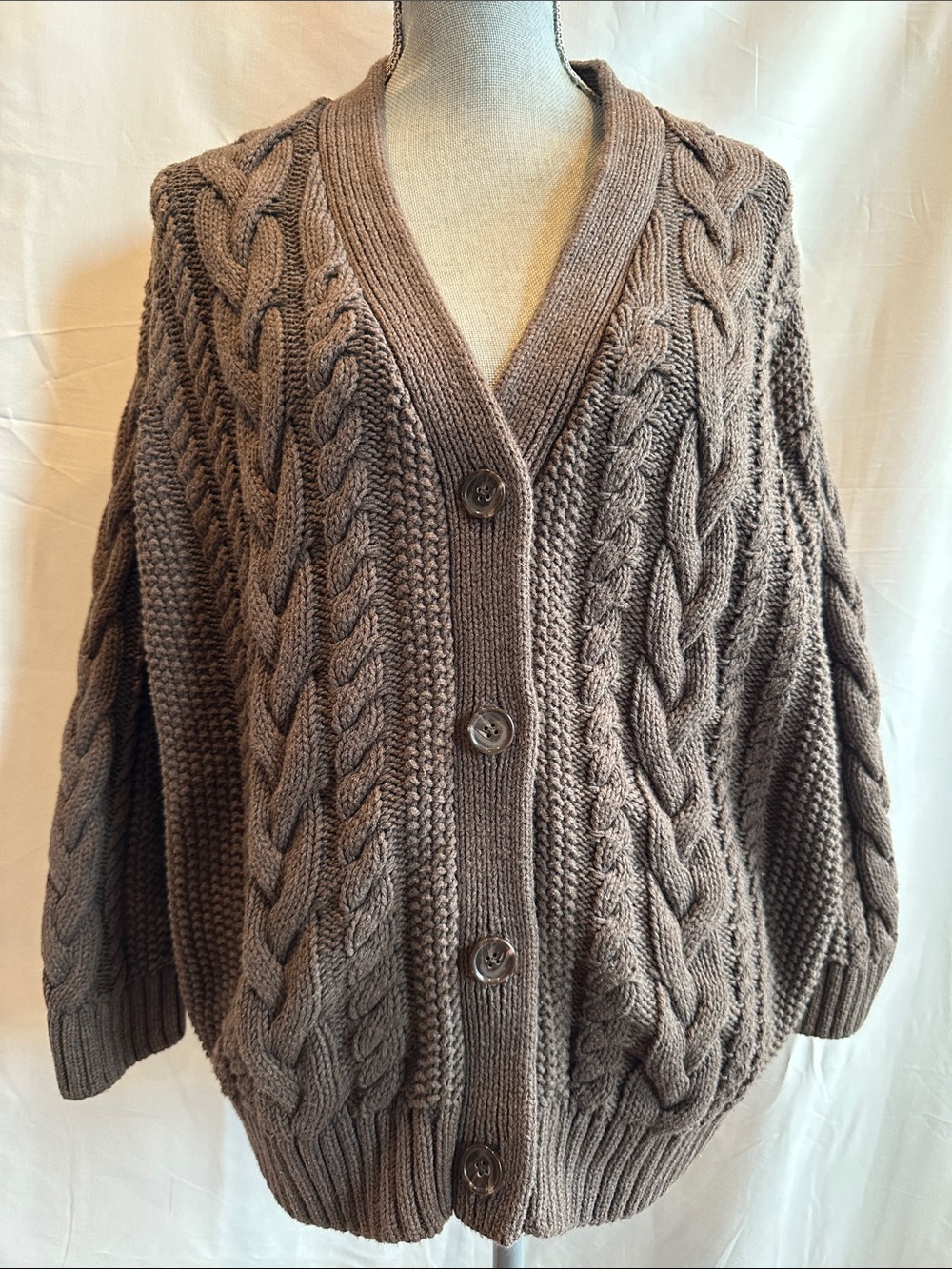 Quince Chunky Cable Knit Button-Up Cardigan - Heather Brown